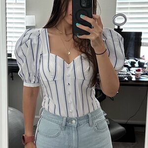 Express White Puff-Sleeve Button Front Top with Navy Stripes - Size Small